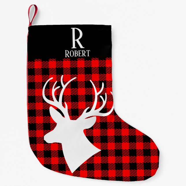 Rustic Antler Red Buffalo Plaid Checkered Monogram Small Christmas Stocking (Front)