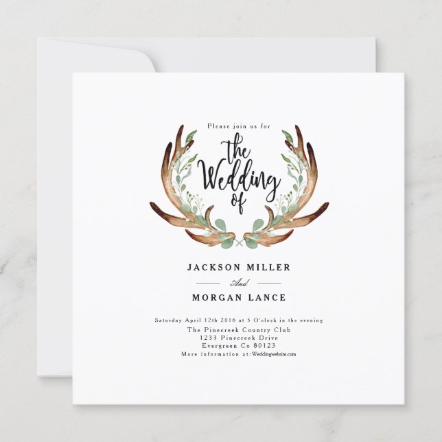 Rustic Antler & Vine | Watercolor Wedding Invite (Front)