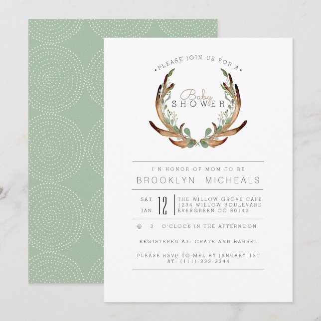 Rustic Antler Watercolor Baby Shower Invitation (Front/Back)
