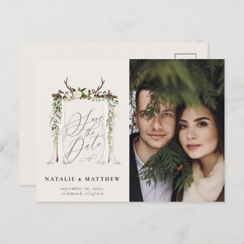 Rustic antler watercolor boho floral save the date postcard