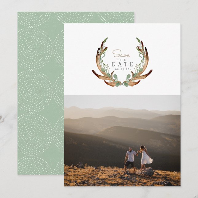 Rustic Antler Watercolor Save the Date Photo Invitation (Front/Back)