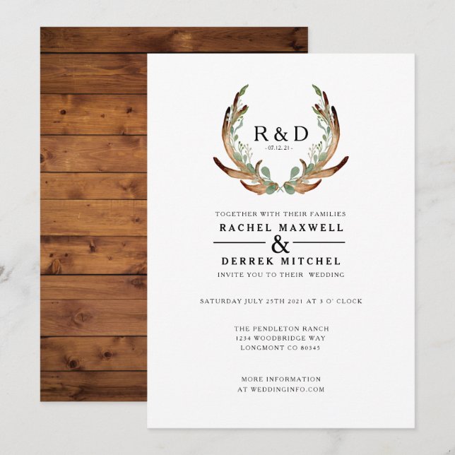Rustic Antler Watercolor | Simple Wedding Invitation (Front/Back)