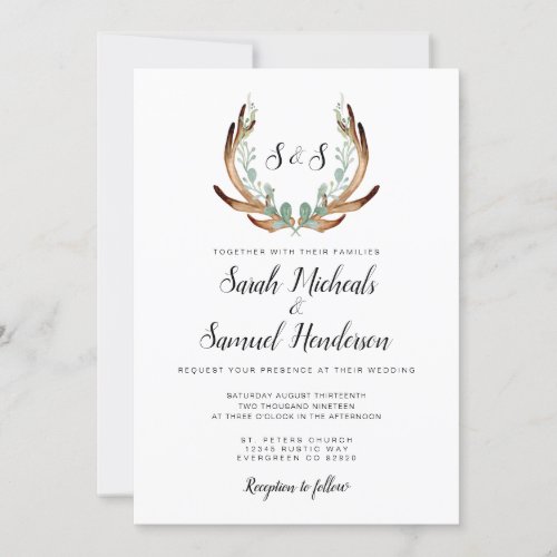 Rustic Antler  Watercolor Wedding Invitation