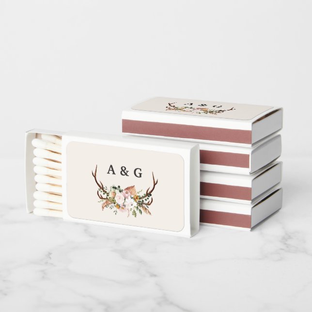 Rustic Antler Wedding Boho Floral Monogram Matchboxes (Stacked)