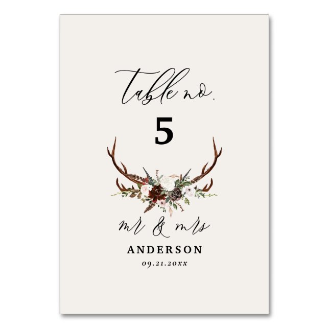Rustic Antler Wedding Woodland Deer Table Number (Front)