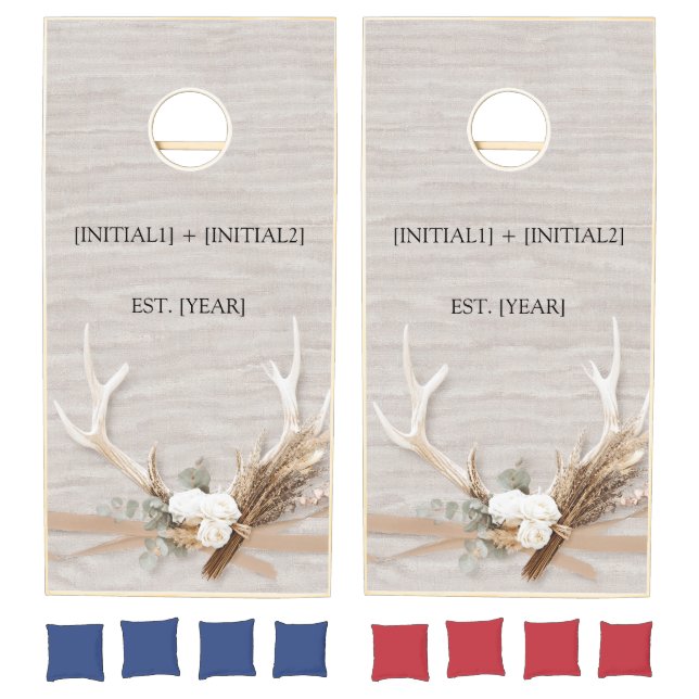 Rustic Antler & White Rose Bohemian Wedding Cornho Cornhole Set (Set)