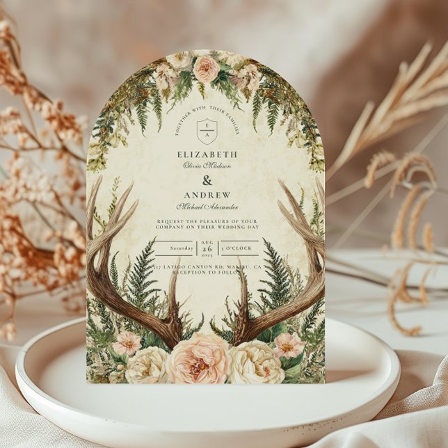Rustic Antler Woodland Floral Wedding Invitation (Creator Uploaded)