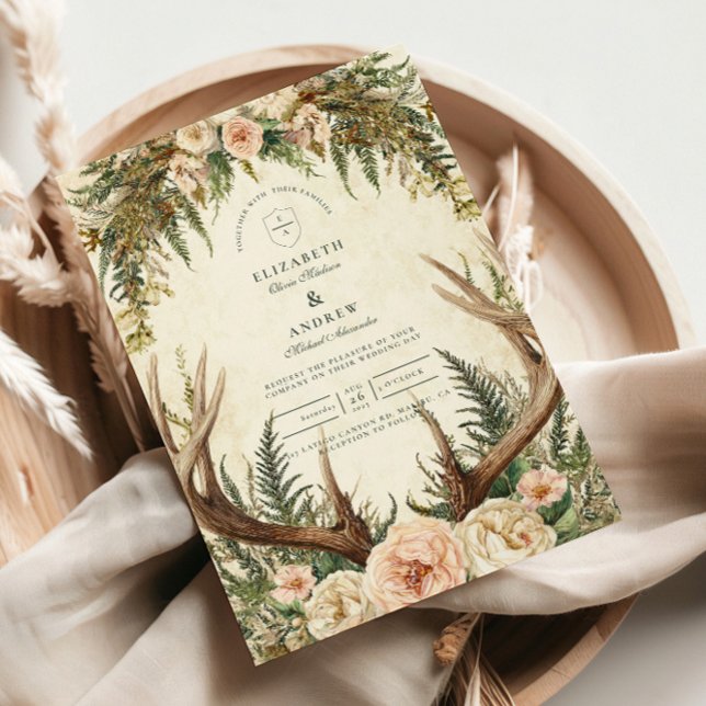 Rustic Antler Woodland Floral Wedding Invitation (Creator Uploaded)