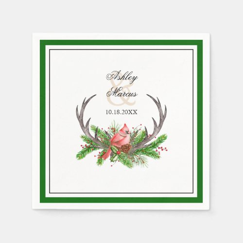 Rustic Antlers and Cardinal with Dark Green Border Napkins