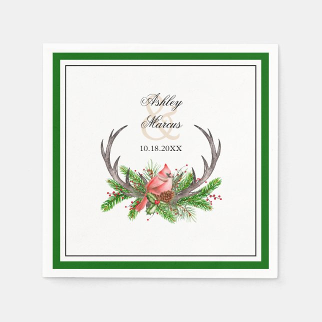 Rustic Antlers and Cardinal with Dark Green Border Napkins (Front)