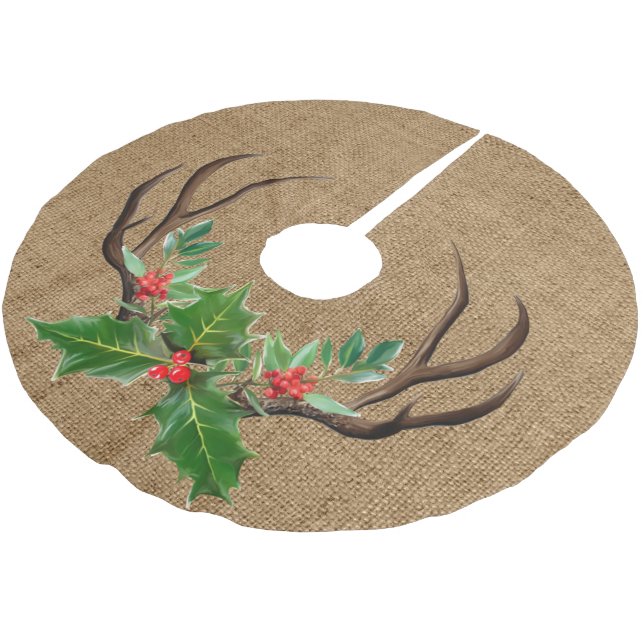Rustic Antlers and Holly Brushed Polyester Tree Skirt (Angled)