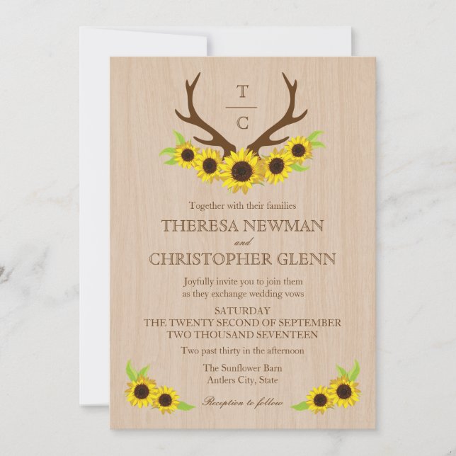 Rustic Antlers and Sunflowers Wedding Invitation (Front)