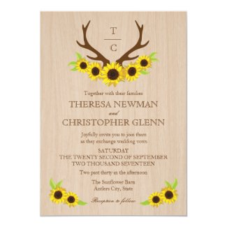 Rustic Antlers and Sunflowers Wedding Invitation
