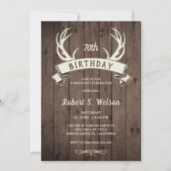 Rustic Antlers Banner Barnwood Male’s Birthday Invitation by riverme at Zazzle
