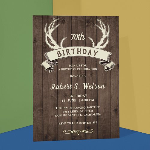 Rustic Antlers Banner Barnwood Males Birthday Invitation