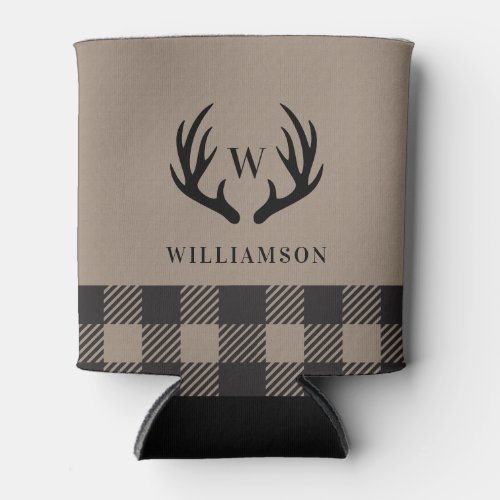 Rustic Antlers Black Buffalo Plaid Monogrammed  Can Cooler