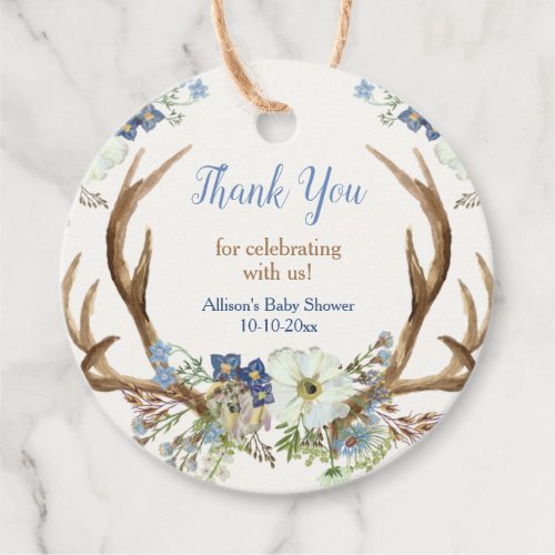 Rustic antlers blue white floral baby shower favor tags