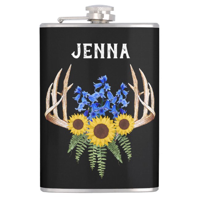 Rustic Antlers Bluebells and Sunflowers Flask (Front)