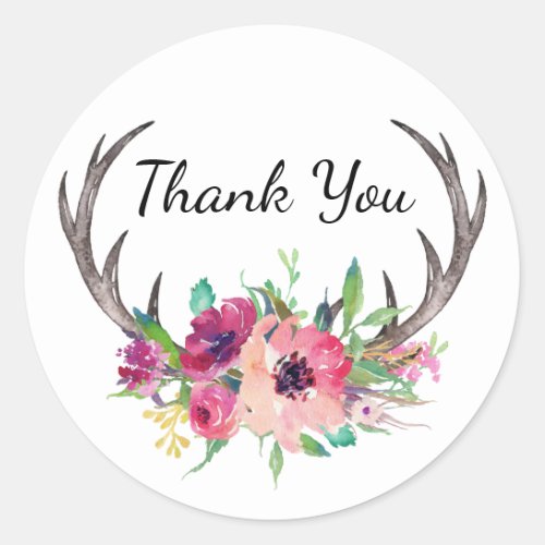 Rustic Antlers Boho Floral Allure Classic Round Sticker