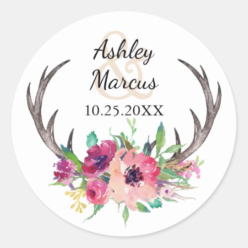 Rustic Antlers Boho Floral Allure Wedding Classic Round Sticker