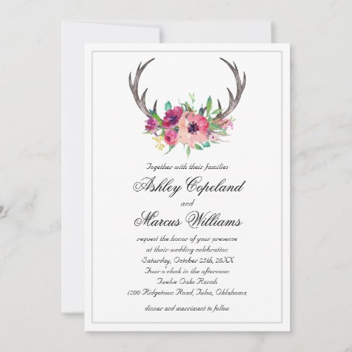Rustic Antlers Boho Floral Allure Wedding Invitation