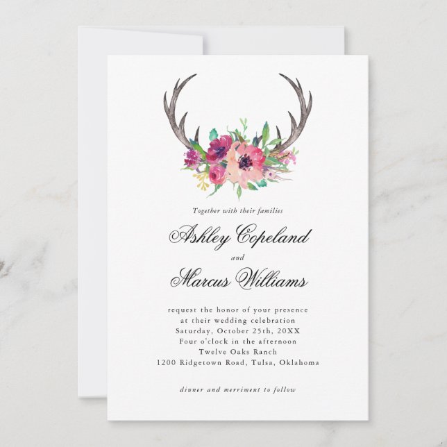 Rustic Antlers Boho Floral Allure Wedding Invitation (Front)