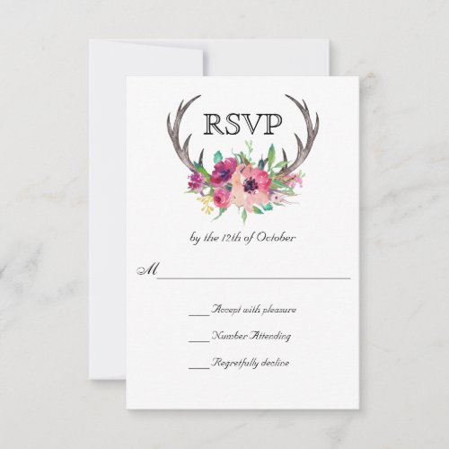 Rustic Antlers Boho Floral Allure Wedding RSVP Card