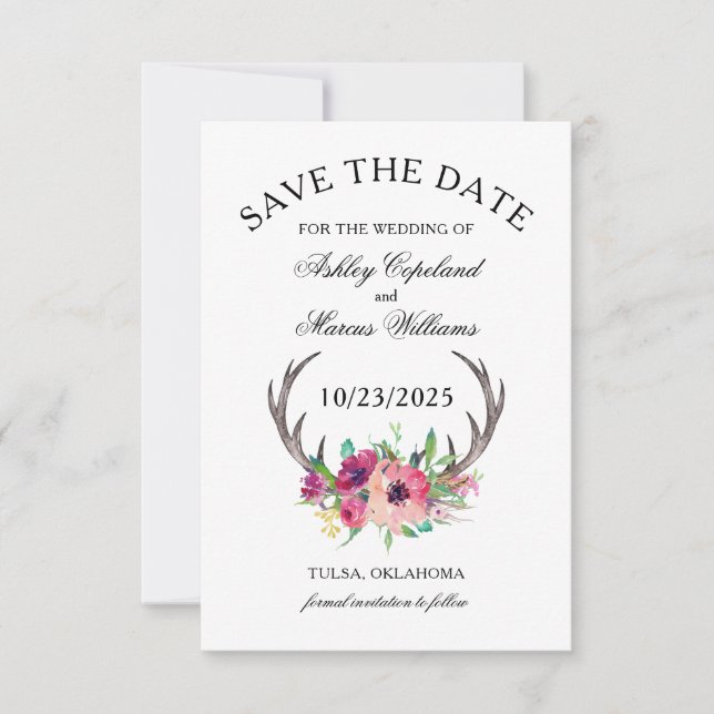 Rustic Antlers Boho Floral Photo Save the Date (Front)