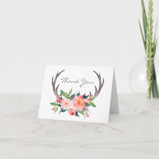 Rustic Antlers Boho Floral Thank You Card (Front)
