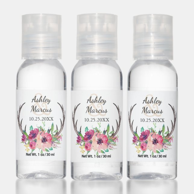 Rustic Antlers Boho Floral Wedding Hand Sanitizer (Set)