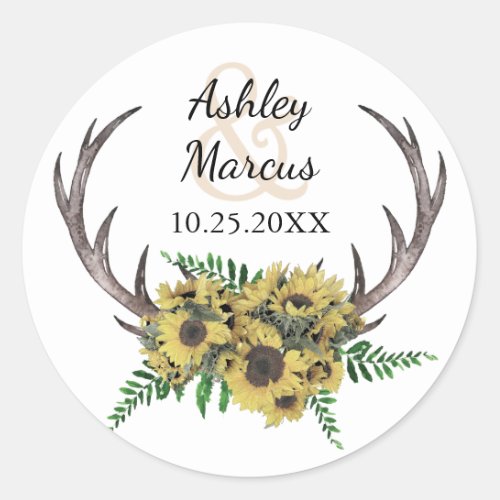 Rustic Antlers Boho Sunflowers Floral Wedding Classic Round Sticker