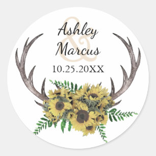 Rustic Antlers Boho Sunflowers Floral Wedding Classic Round Sticker