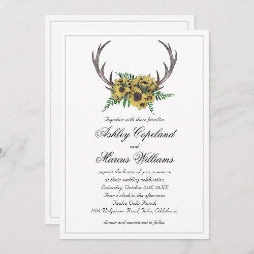 Rustic Antlers Boho Sunflowers Floral Wedding Invitation