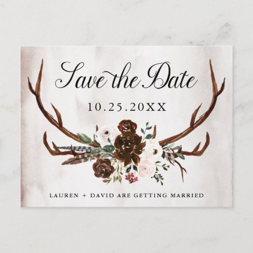 Rustic Antlers Burgundy Pink Floral Save the Date  Announcement Postcard