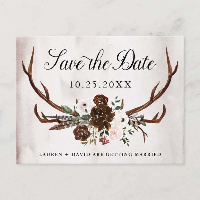 Rustic Antlers Burgundy Pink Floral Save the Date  Announcement Postcard (Front)