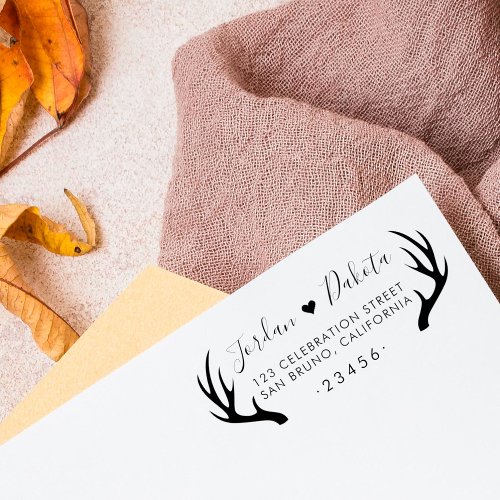 Rustic Antlers  Cute Heart Wedding Return Address Rubber Stamp