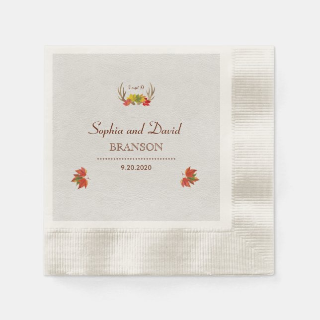 Rustic Antlers Fall Wedding Custom Monogram Paper Napkins (Front)