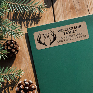 Rustic Antlers Family Monogram Christmas Label