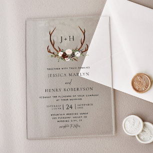 Rustic Antlers Floral Boho Wedding Acrylic Invitations