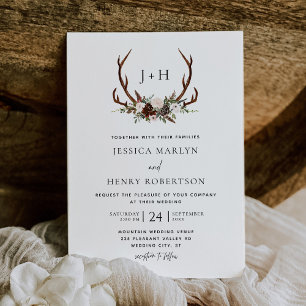 Rustic Antlers Floral Boho Wedding Invitation
