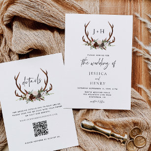 Rustic Antlers Floral Boho Wedding QR Code Invitation