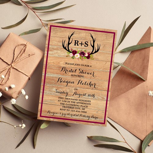 Rustic Antlers Floral Burgundy Wood Bridal Shower Invitation