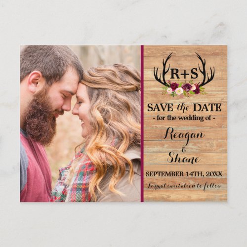 Rustic Antlers Floral Burgundy Wood Save The Date Announcement Postcard