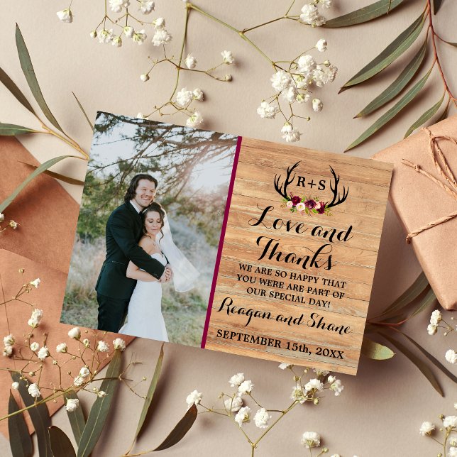 Rustic Antlers Floral Burgundy Wood Thank You Card (Creator Uploaded)