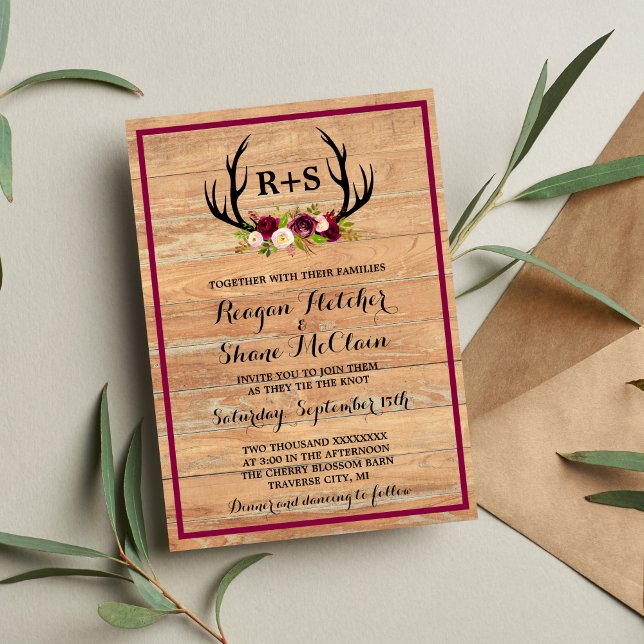 Rustic Antlers Floral Burgundy Wood Wedding Invitation