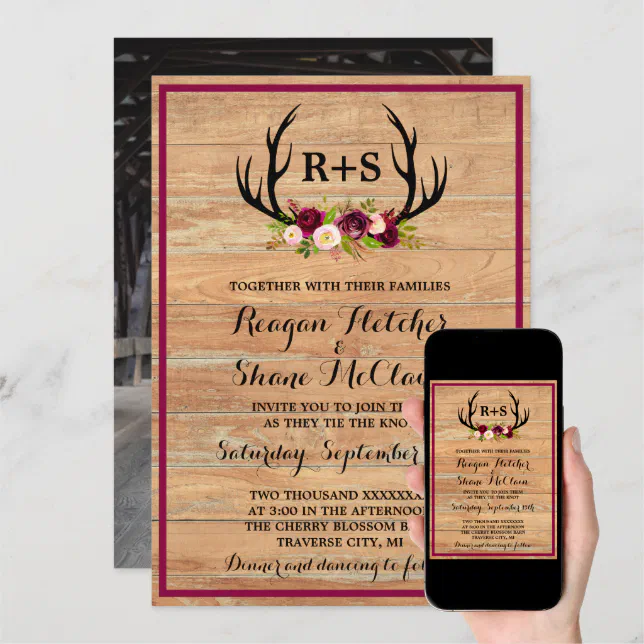 Rustic Antlers Floral Burgundy Wood Wedding Invitation Zazzle