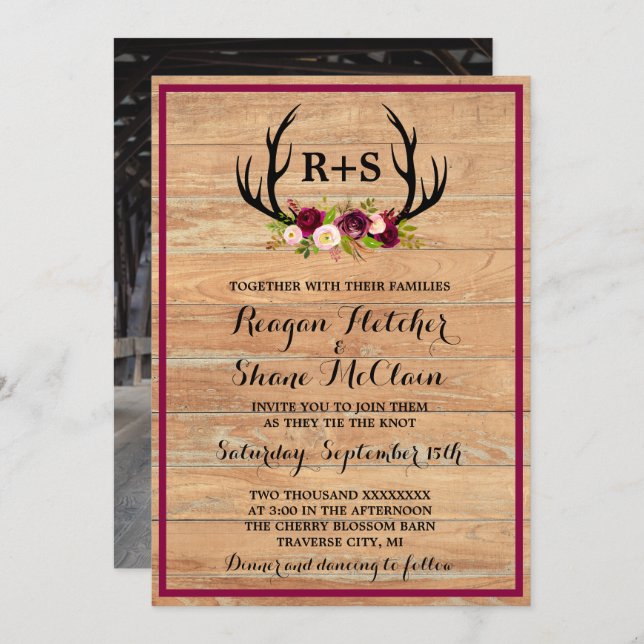 Rustic Antlers Floral Burgundy Wood Wedding Invitation (Front/Back)