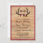 Rustic Antlers Floral Burgundy Wood Wedding Invitation (Front)