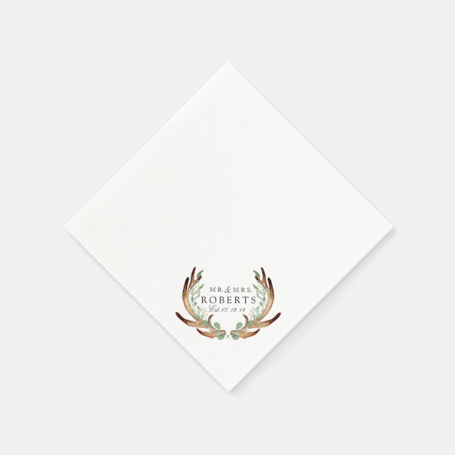 Rustic Antlers & Greenery | Custom Name Wedding Napkins (Corner)