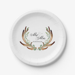 Rustic Antlers & Greenery Watercolor Mr & Mrs Paper Plates